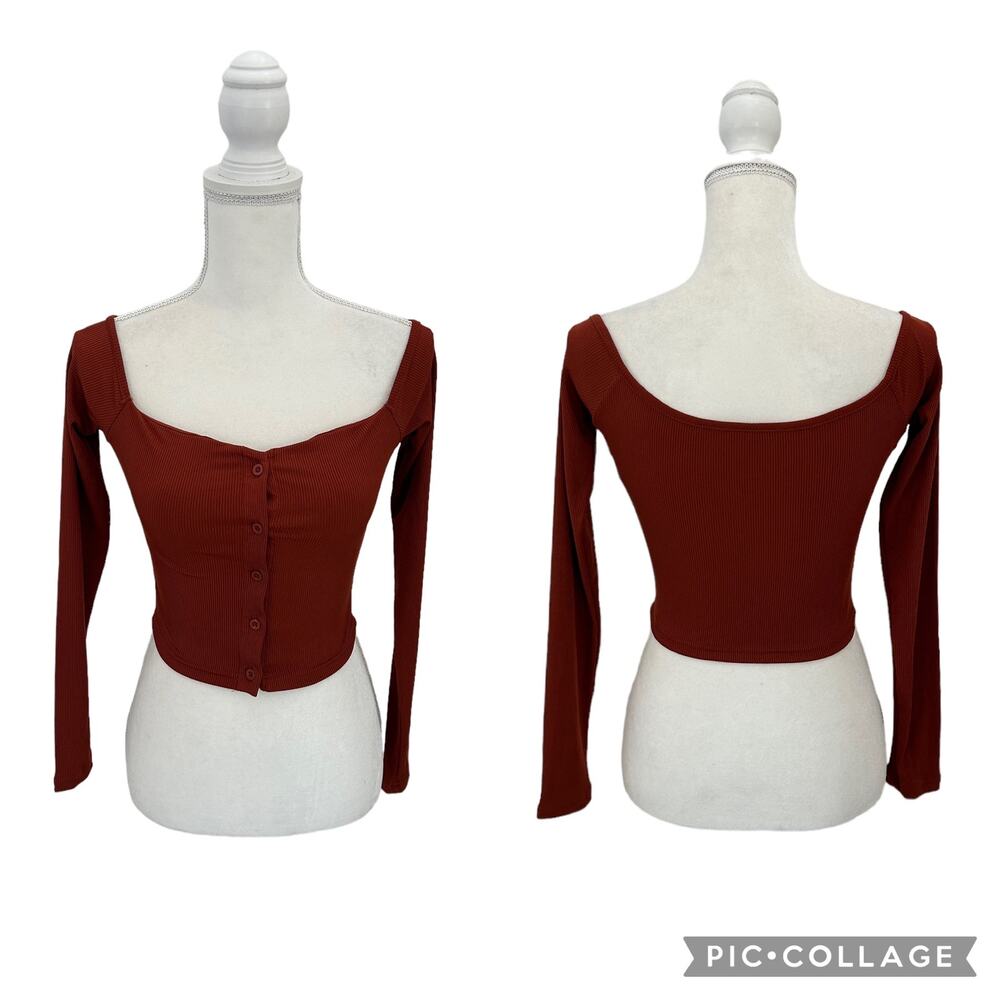 Shein Rust Orange Long Sleeve Button Up Ribbed Crop Top Size Small